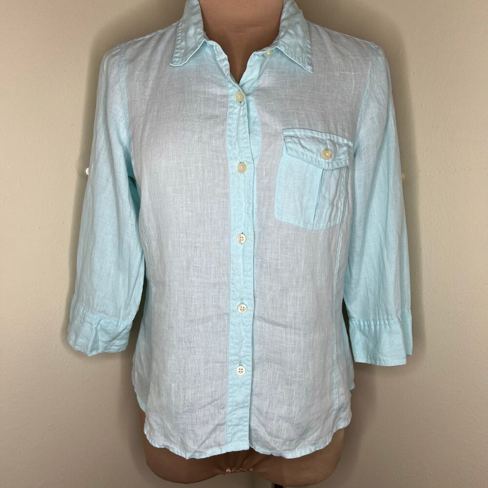 Talbots Irish Linen Top Small Womens Blue Button Down Woven Coastal Preppy Chic